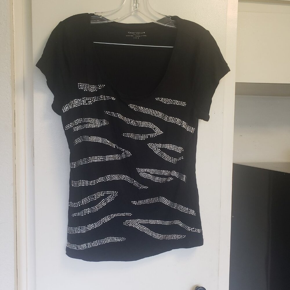 Charter Club black shirt with short sleeves and silver beads Size Medium